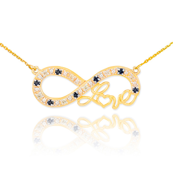 14k Gold Infinity "Love" Script Necklace with Black and Clear Diamonds
