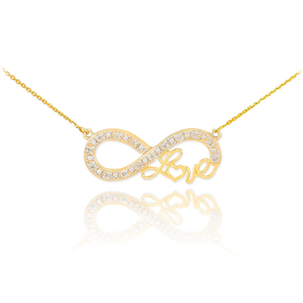 14k Gold Infinity "Love" Script Necklace with Diamonds