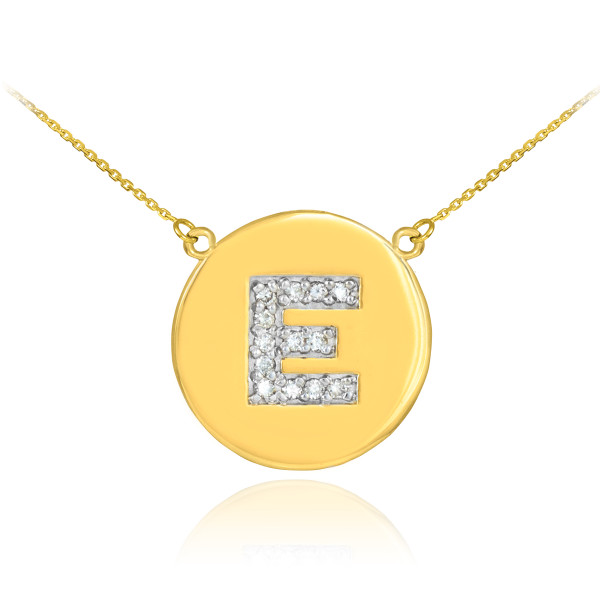 Letter "E" disc necklace with diamonds in 14k yellow gold.