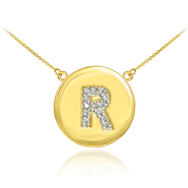 14k Polished Gold Letter "R" Initial Diamond Disc Necklace