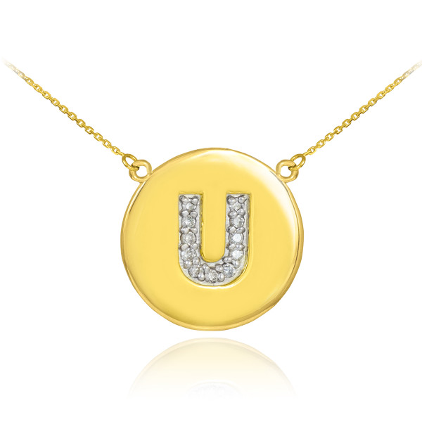14k Polished Gold Letter "U" Initial Diamond Disc Necklace
