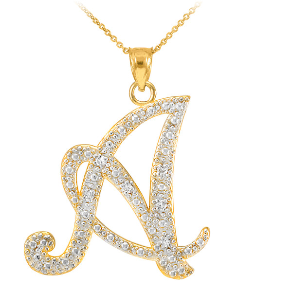 14k Gold Letter Script "A" Diamond Initial Pendant Necklace