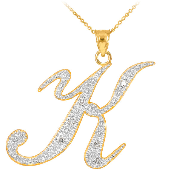 14k Gold Letter Script "K" Diamond Initial Pendant Necklace
