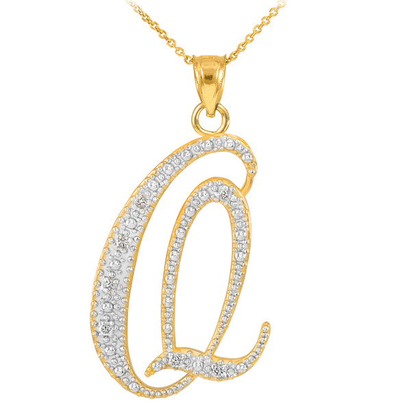 14k Gold Letter Script "Q" Diamond Initial Pendant Necklace