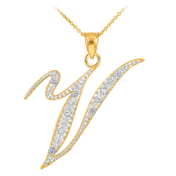 14k Gold Letter Script "V" Diamond Initial Pendant Necklace