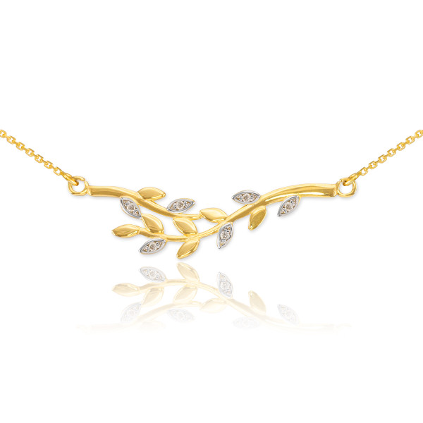 14K Gold Olive Branch Necklace with Diamonds
