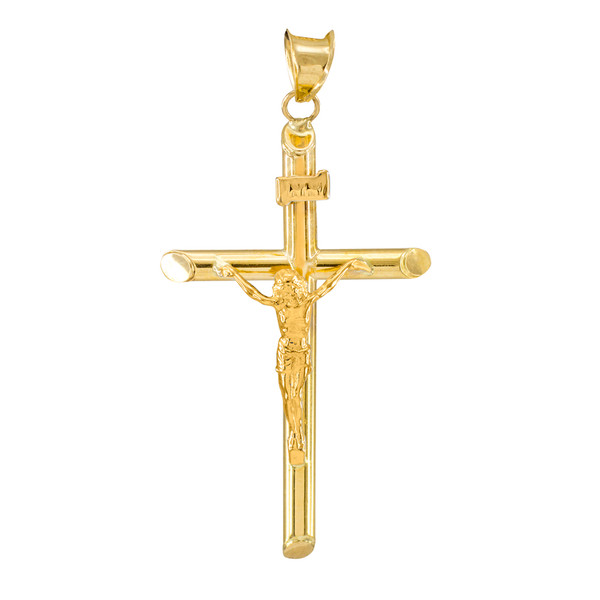 14K Gold Polished Tube Crucifix Pendant