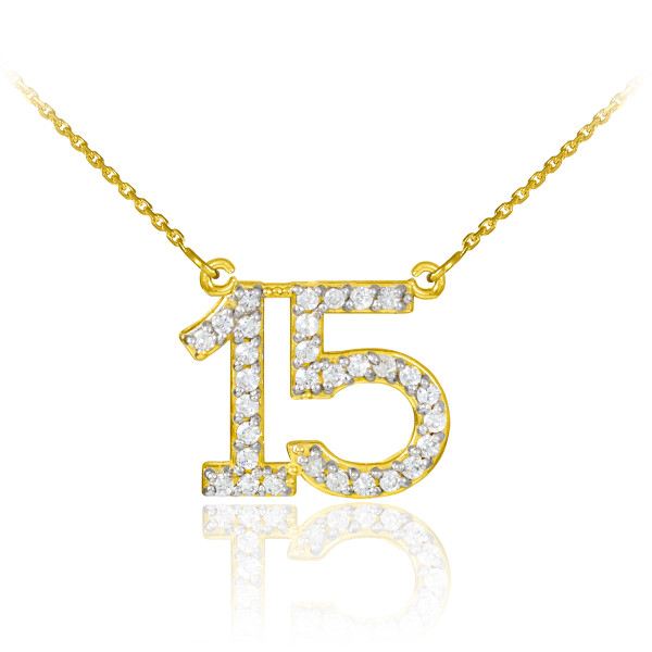 15 Anos Quinceanera Necklace with cz in 14k yellow gold.