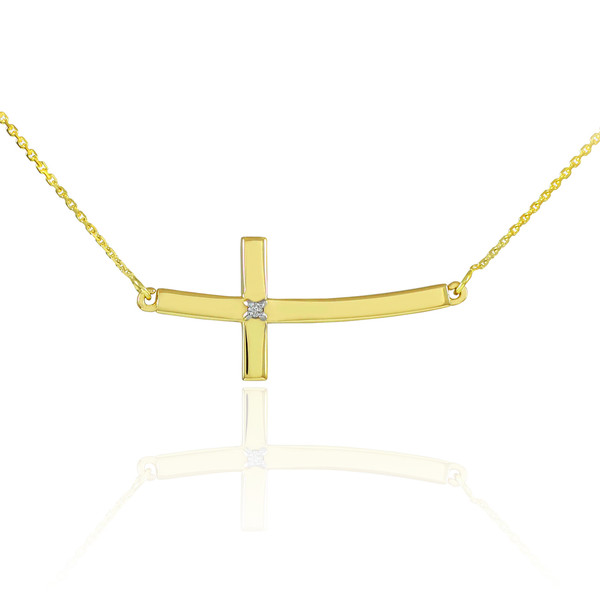 14K Gold Sideways Curved Diamond Cross Necklace