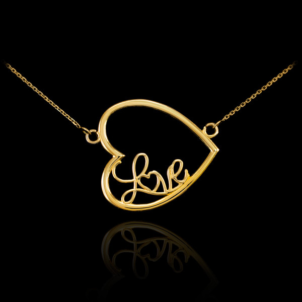 14K Gold Sideways Open Heart "Love" Script Necklace