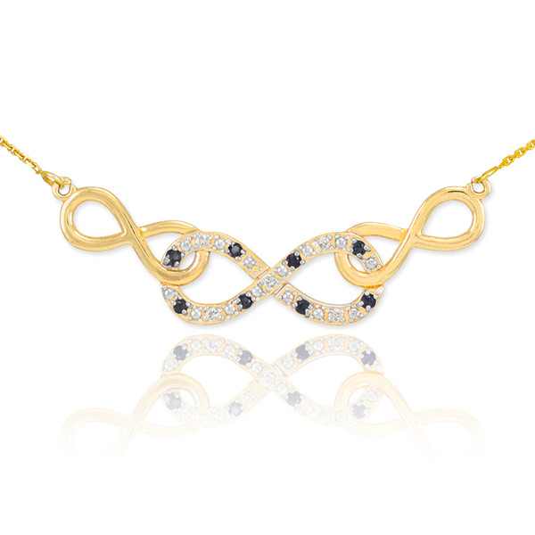 14k Gold Triple Infinity Necklace with Clear and Black Diamonds