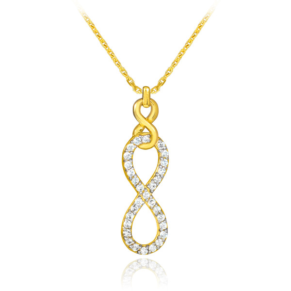 Vertical infinity necklace with clear cubic zirconia in 14k gold.