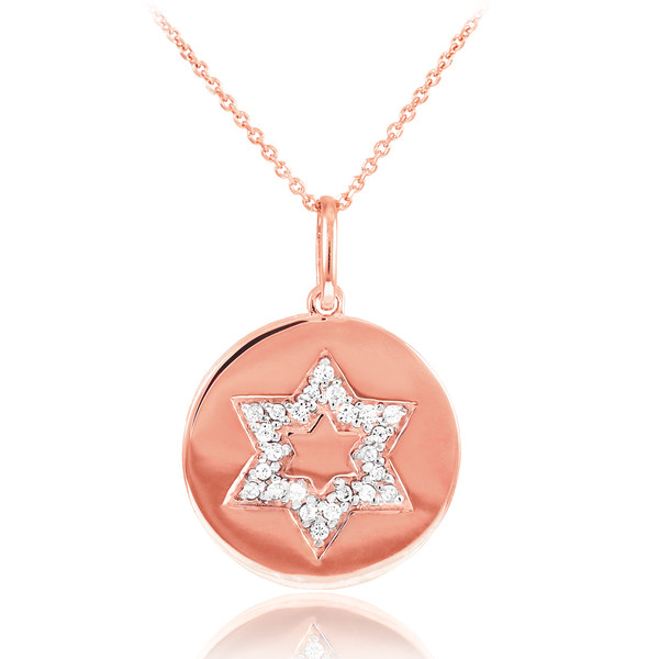 14K Polished Rose Gold Medallion Star of David Diamond Pendant Necklace