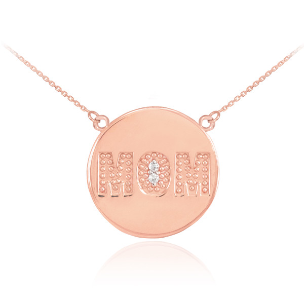 14K Rose Gold "MOM" Script Diamond Disc Necklace