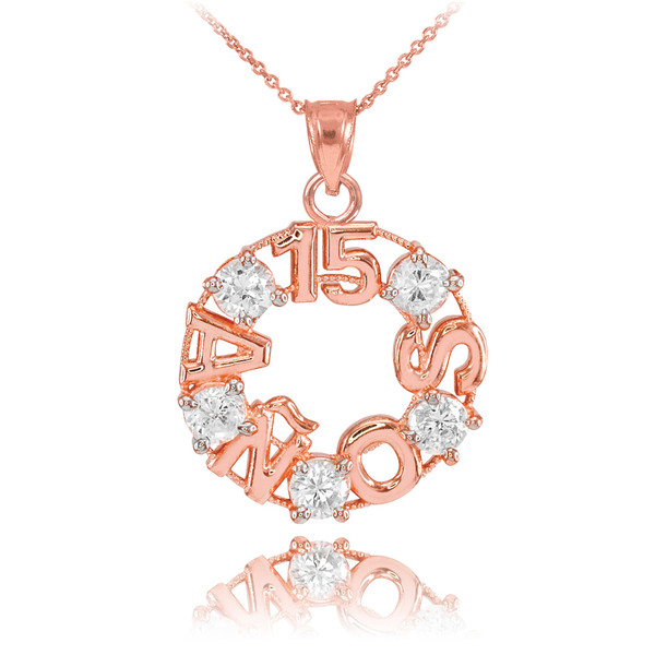 14K Rose Gold 15 Anos CZ Pendant Necklace