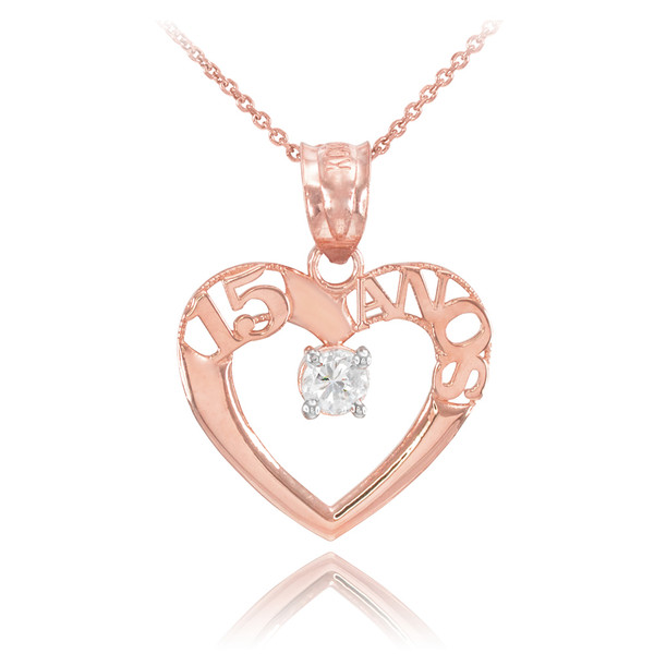 14K Rose Gold 15 Anos Heart CZ Pendant Necklace