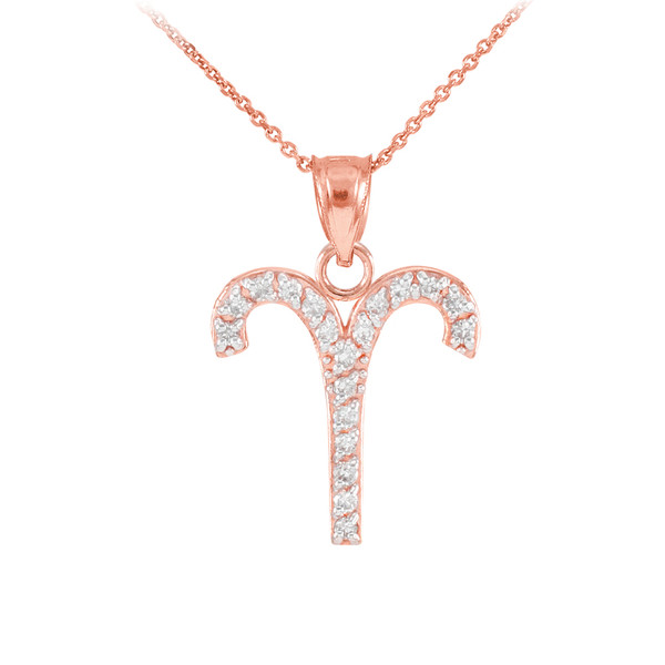 14K Rose Gold Aries Zodiac Sign Diamond Pendant Necklace