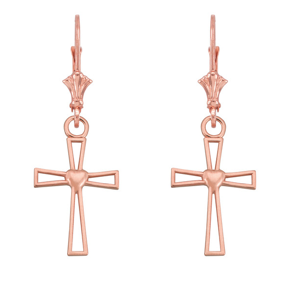 14k Rose Gold Cutout Heart Cross Earrings