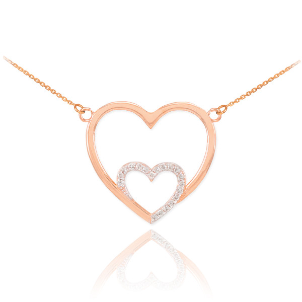 14k Rose Gold Double Heart Necklace with Diamonds