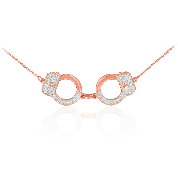 Handcuffs necklace with diamond accents in 14k rose gold.