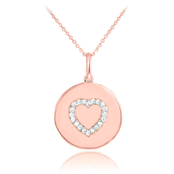 Heart disc pendant necklace with diamonds in 14k rose gold.