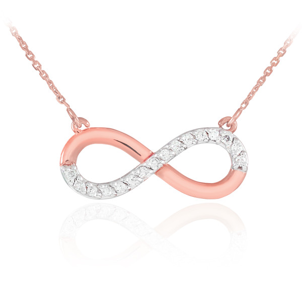 14K Rose Gold Infinity Pendant Necklace Polished with Diamonds