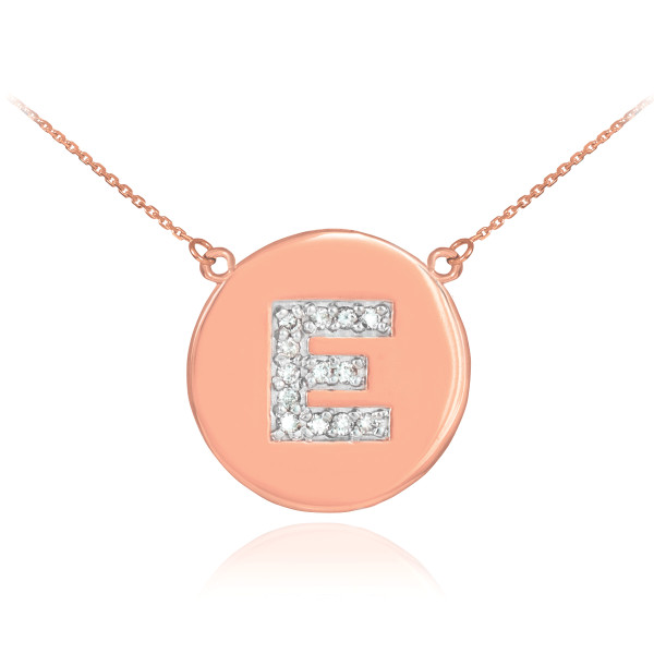 Letter "E" disc necklace with diamonds in 14k rose gold.