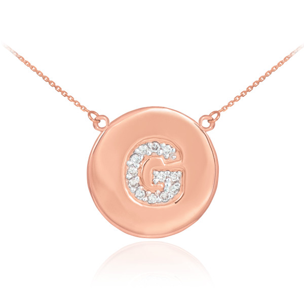 Letter "G" disc necklace with diamonds in 14k rose gold.