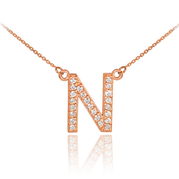 14k Rose Gold Letter "N" Diamond Initial Monogram Necklace