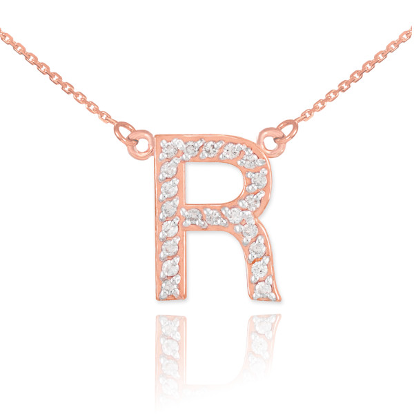 14k Rose Gold Letter "R" Diamond Initial Necklace