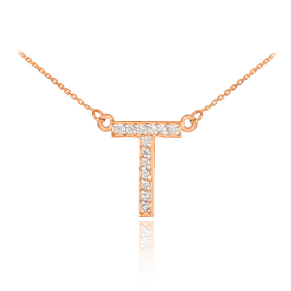 14k Rose Gold Letter "T" Diamond Initial Necklace
