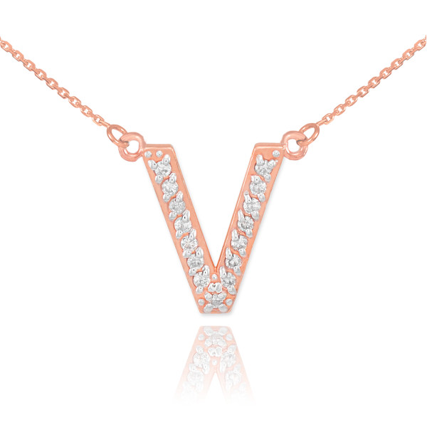 14k Rose Gold Letter "V" Diamond Initial Necklace