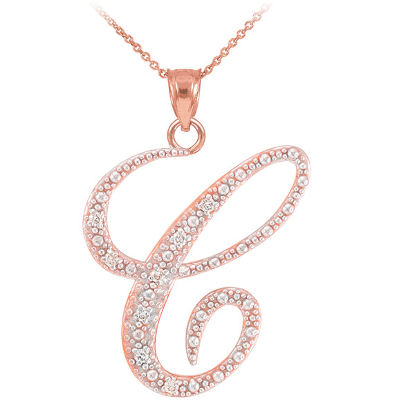 14k Rose Gold Letter Script "C" Diamond Initial Pendant Necklace