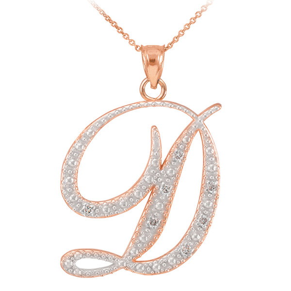 14k Rose Gold Letter Script "D" Diamond Initial Pendant Necklace
