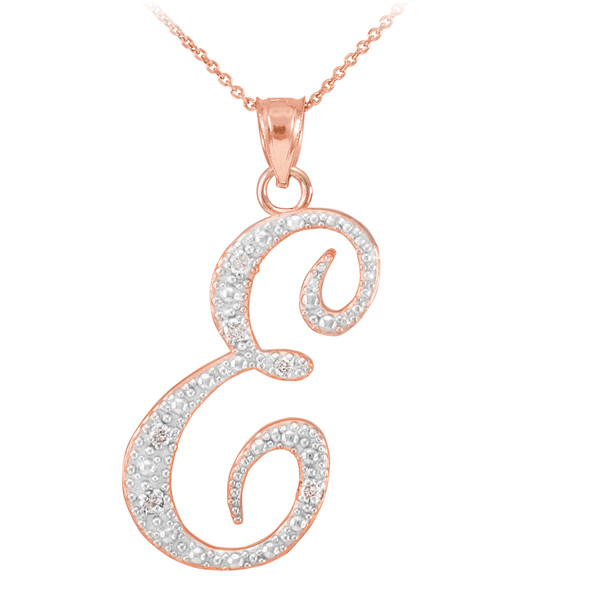 14k Rose Gold Letter Script "E" Diamond Initial Pendant Necklace