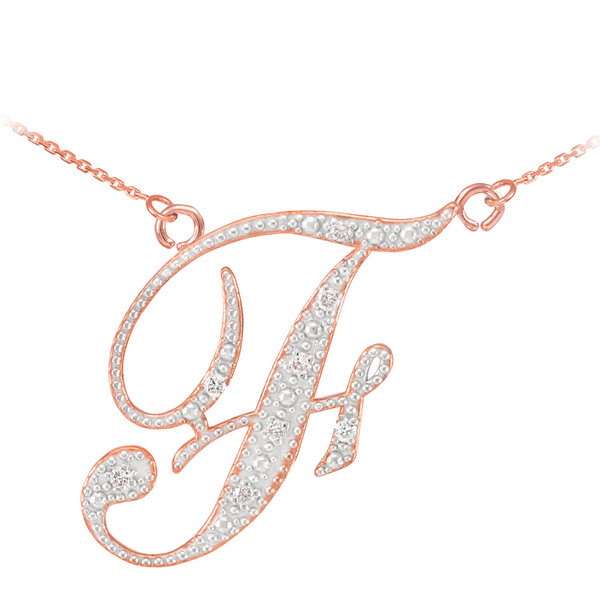 14k Rose Gold Letter Script "F" Diamond Initial Necklace