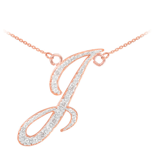 14k Rose Gold Letter Script "I" Diamond Initial Necklace