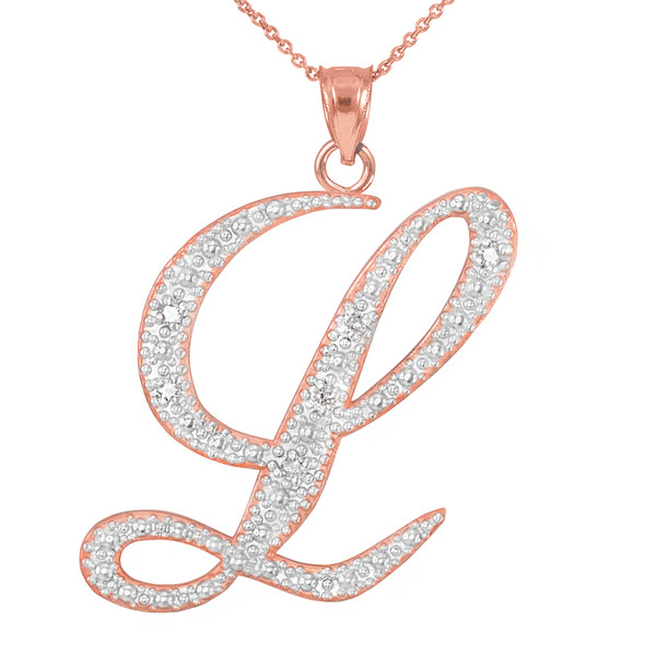 14k Rose Gold Letter Script "L" Diamond Initial Pendant Necklace