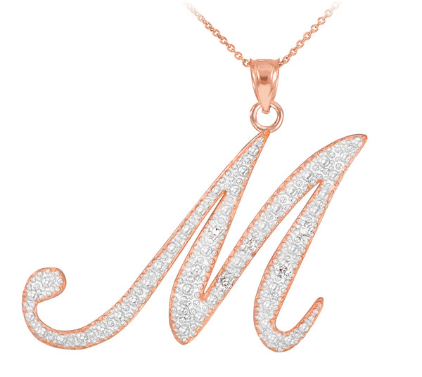 14k Rose Gold Letter Script "M" Diamond Initial Pendant Necklace