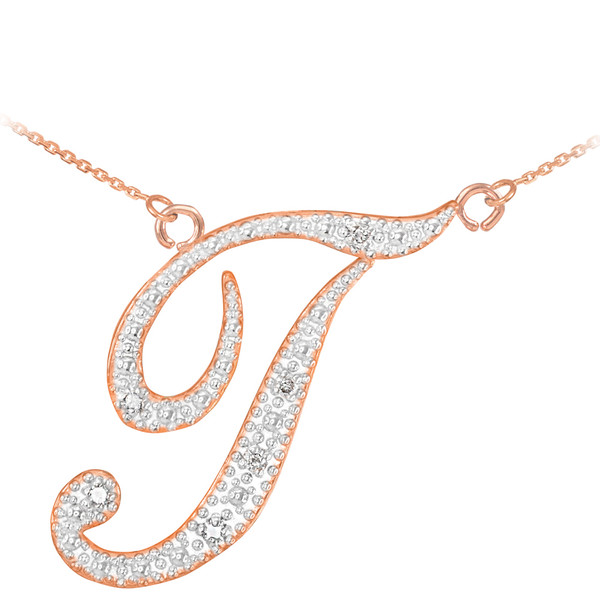 14k Rose Gold Letter Script "T" Diamond Initial Necklace