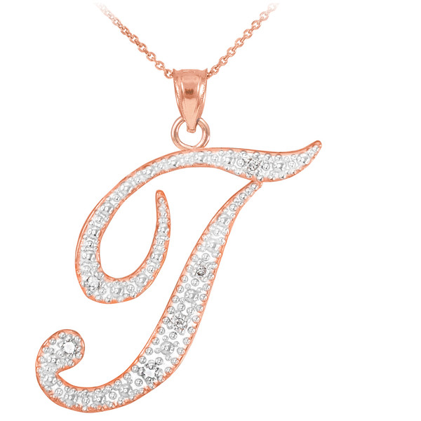 14k Rose Gold Letter Script "T" Diamond Initial Pendant Necklace