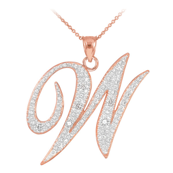 14k Rose Gold Letter Script "W" Diamond Initial Pendant Necklace