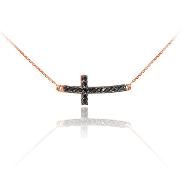 14K Rose Gold Sideways Curved Cross Black Diamond Cute Necklace