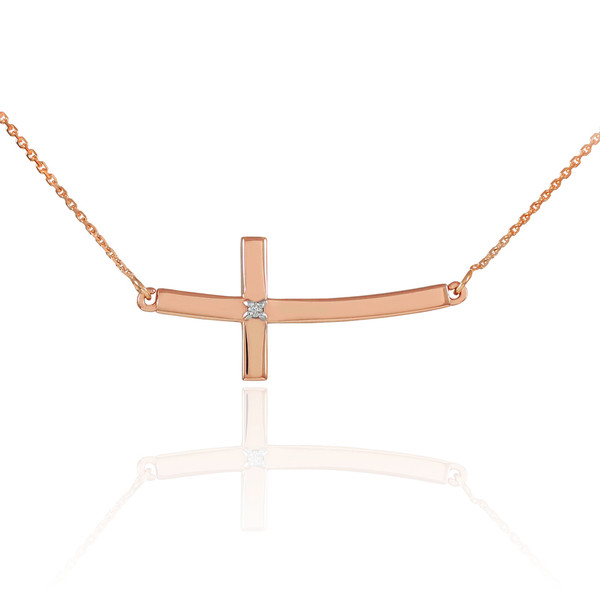 14K Rose Gold Sideways Curved Diamond Cross Necklace