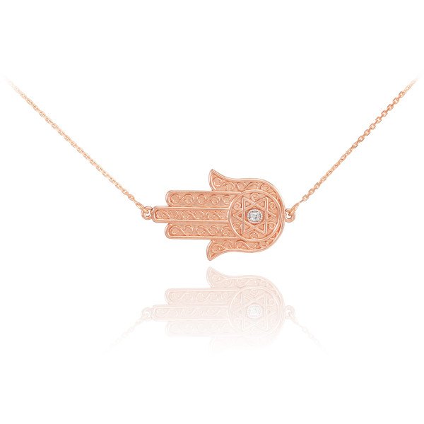 14K Rose Gold Sideways Hamsa Diamond Necklace