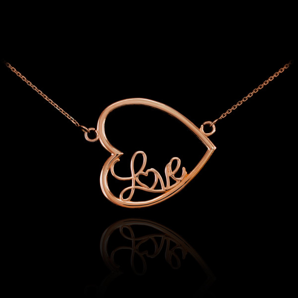 14K Rose Gold Sideways Open Heart "Love" Script Necklace