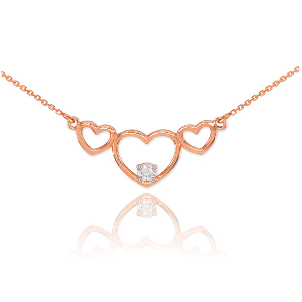 14K Rose Gold Triple Heart Necklace with CZ