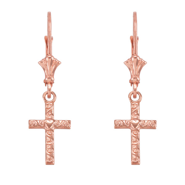 14k Rose Gold Twirl Heart Cross Earrings