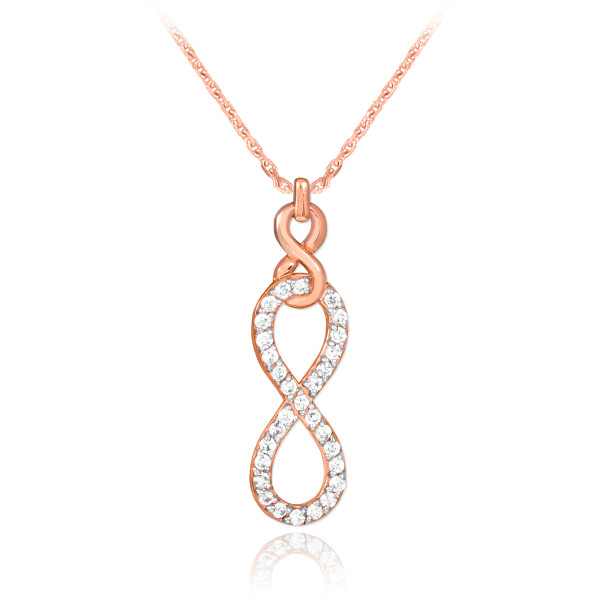 Vertical infinity diamond necklace in 14k rose gold.