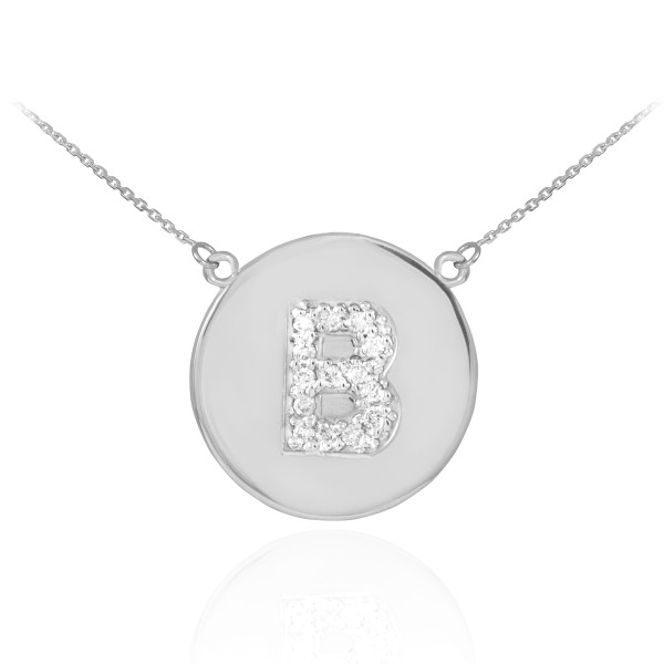 Letter "B" disc necklace with diamonds in 14k white gold.